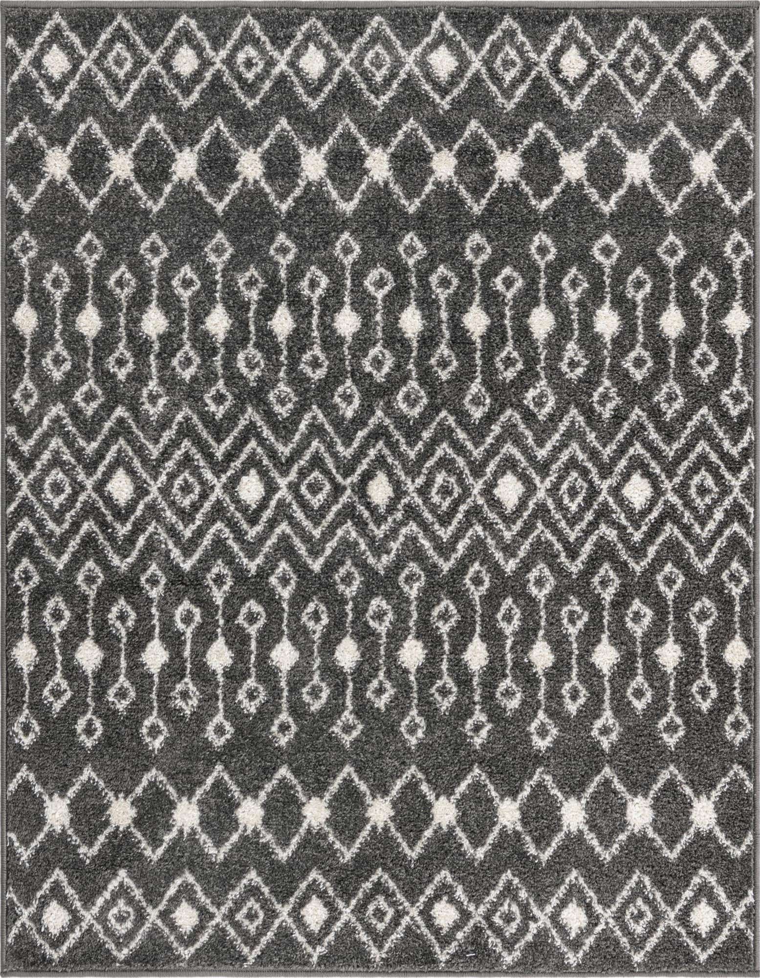 A square gray and silver Moroccan Trellis rug with a geometric diamond and tribal pattern, suitable for indoor spaces.