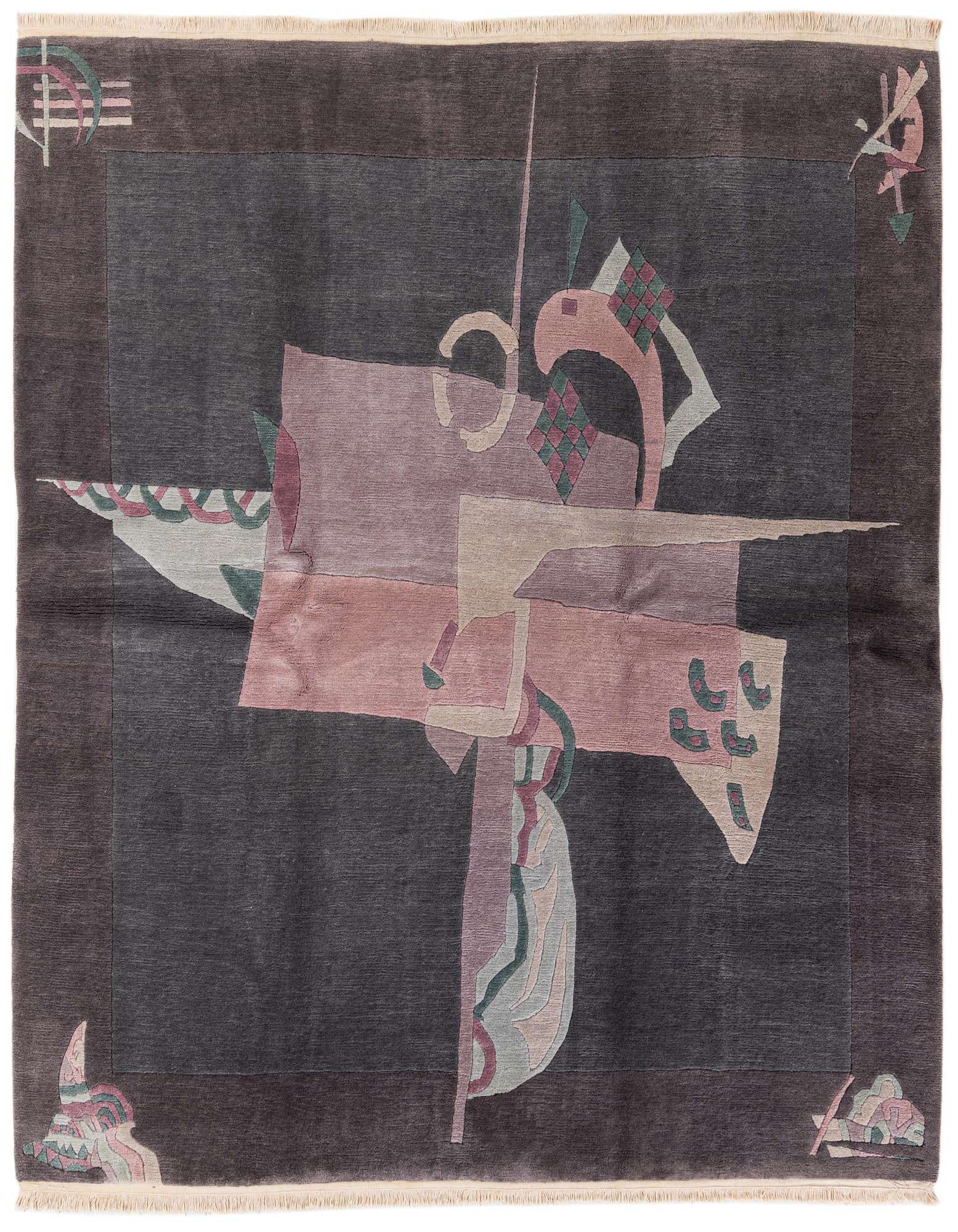 A square 7' 11 x 8' 1 gray wool rug with a modern abstract design in pink, purple, and green tones.