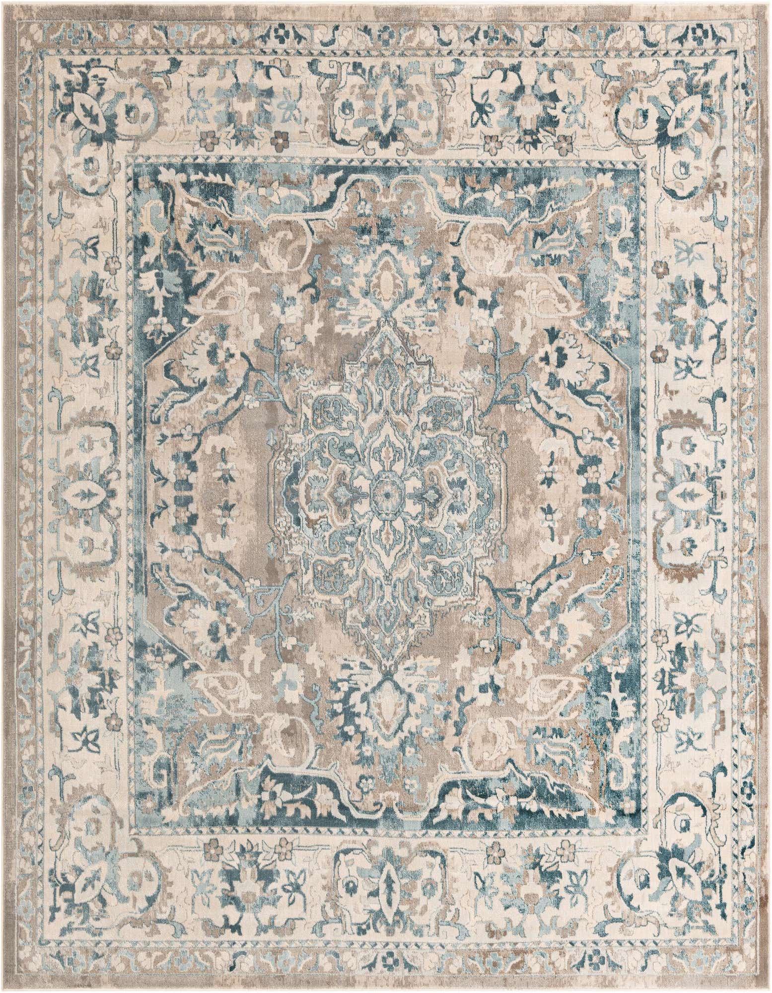 A square 8' x 8' Victoria Collection rug featuring a distressed medallion and botanical pattern in shades of gray, silver, and light blue.