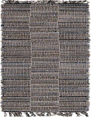 A 1' 2 x 8' 0 Chindi Jute runner rug featuring a textured, striped pattern in shades of gray, black, and natural jute, with fringed ends.