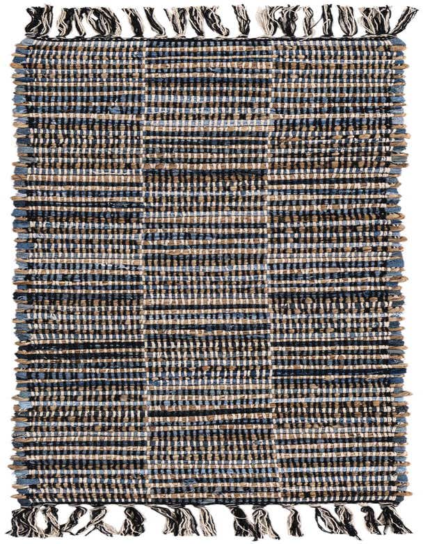 A 1' 2 x 4' 1 Chindi Jute runner rug with gray, blue, and natural brown stripes, featuring visible texture and fringed ends.