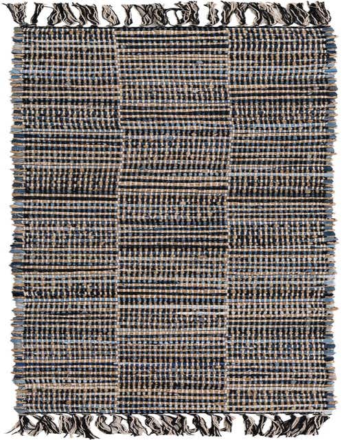 A 1' 2 x 5' 1 Chindi Jute runner rug featuring a textured stripe pattern in shades of gray, black, and natural jute, with fringed ends.