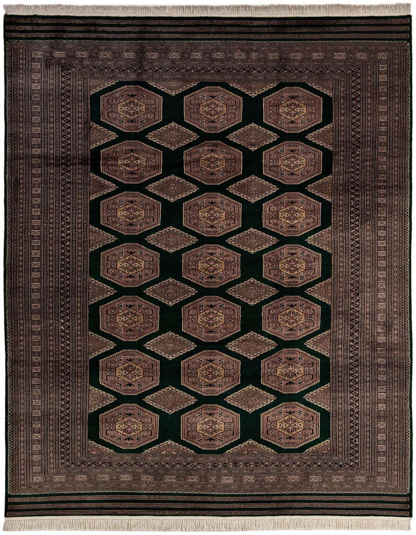 A 7x10 rectangular Bokhara rug featuring a deep green field with repeating brown and beige tribal medallion patterns, bordered by intricate traditional designs and white fringes.