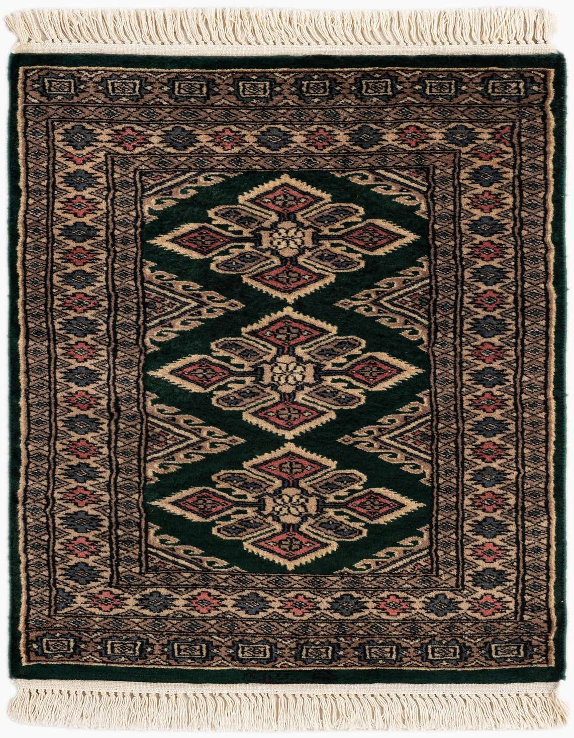 A 2x3 rectangular Bokhara rug with a deep green field and intricate tribal patterns in beige, red, and navy, featuring white fringe.