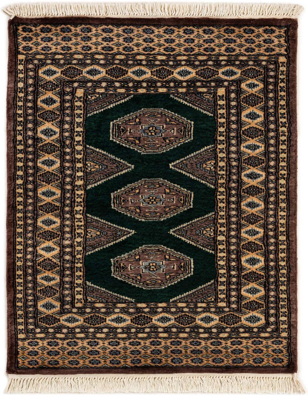 A 3x4 rectangular Bokhara rug featuring a deep green field with traditional tribal patterns in brown, gold, and blue, finished with white fringe.