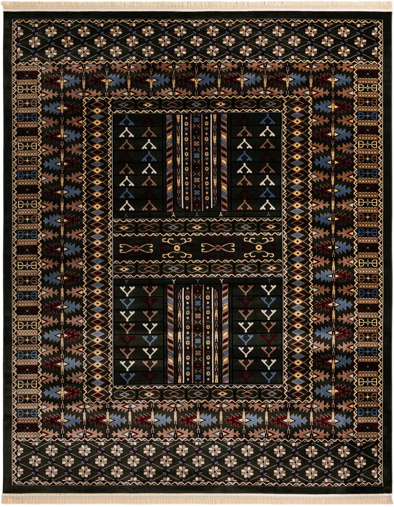 A 10x14 rectangular green area rug with a complex geometric and tribal pattern in blues, browns, and creams, suitable for an indoor space.