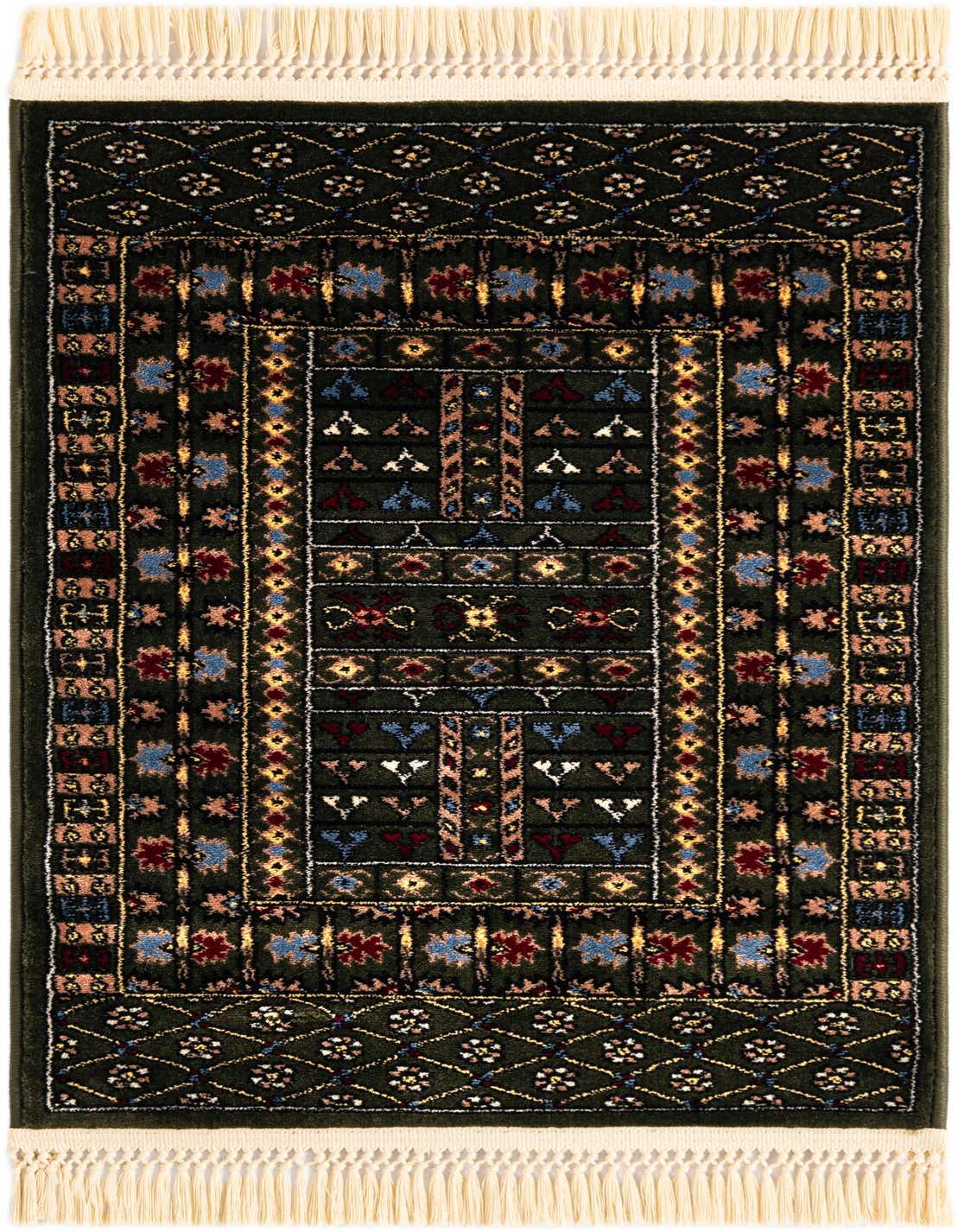 A 2x3 rectangular Bokhara rug with a dark green background and intricate traditional patterns in red, blue, and gold, featuring cream tassels.