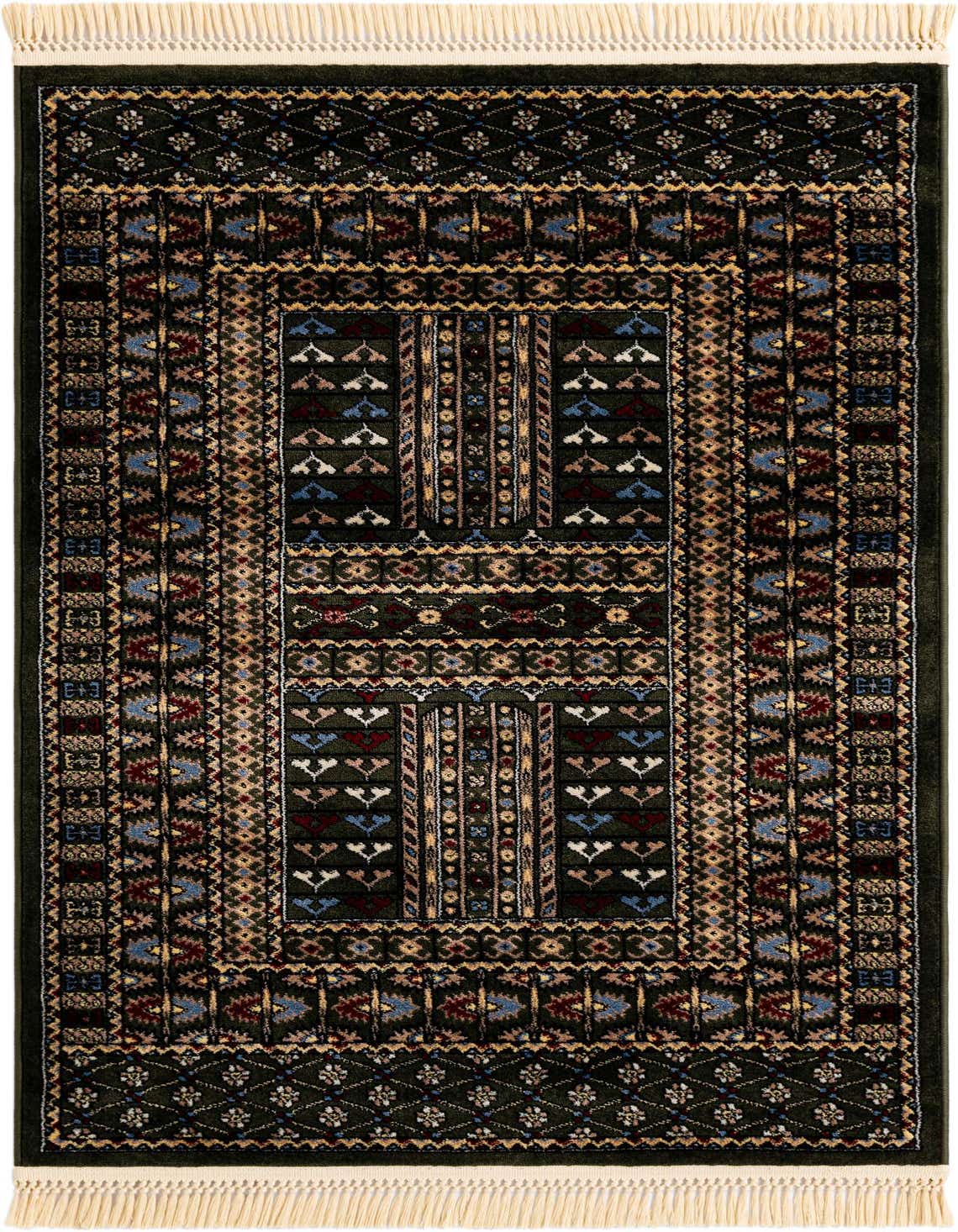 A 3x5 rectangular Bokhara rug featuring a dark green background with intricate traditional patterns in red, blue, and gold.