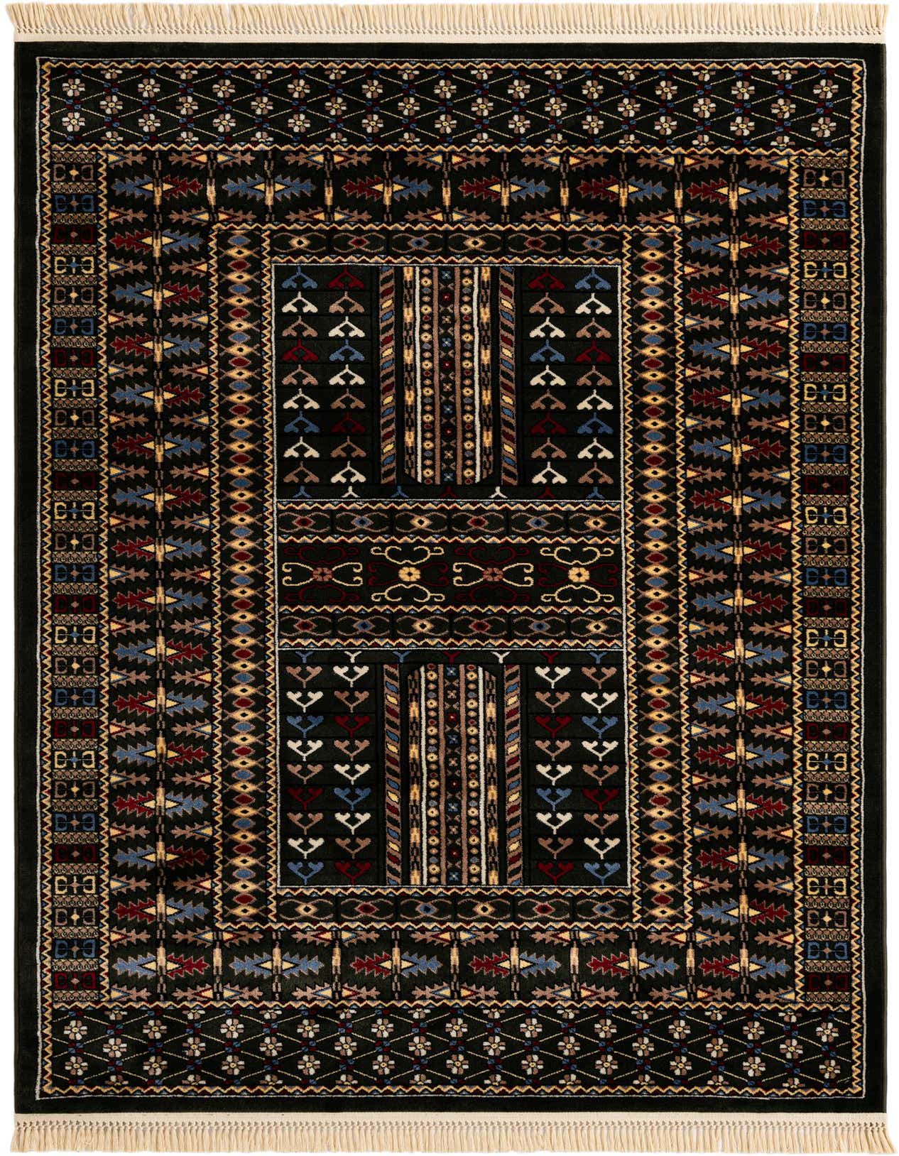 A rectangular 5x8 Bokhara rug in shades of green with intricate traditional patterns and fringe.