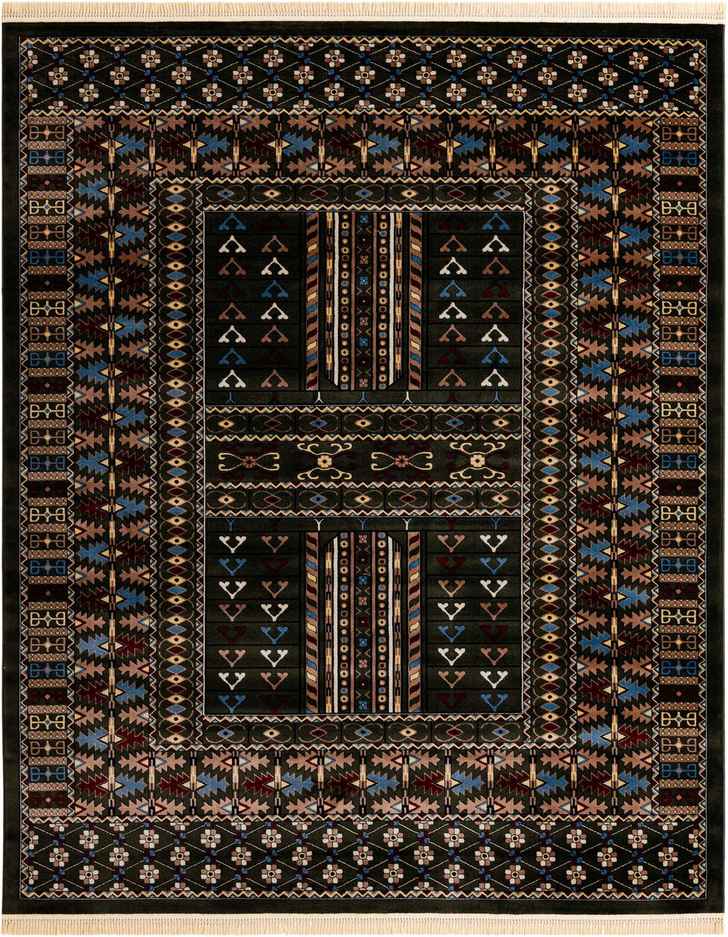 A 9x12 rectangular Bokhara rug with a dark green background and intricate geometric patterns in blue, brown, and gold.