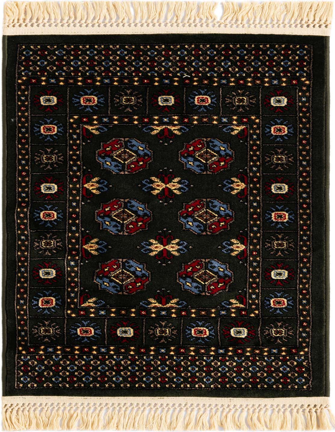 A 2x3 rectangular Bokhara rug with a dark green background and intricate traditional patterns in red, blue, and gold, featuring cream fringes.