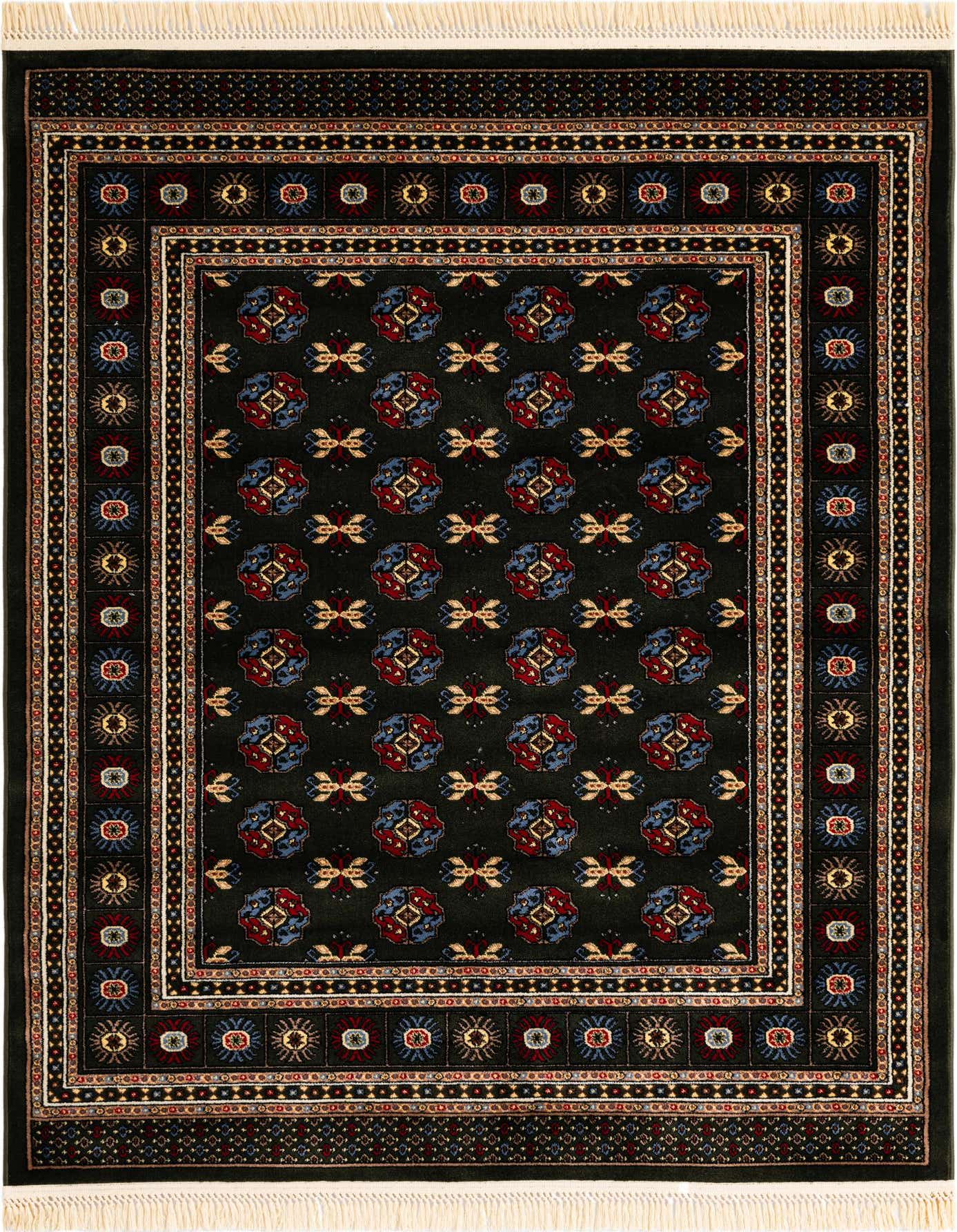 A 5x7 rectangular Bokhara rug with a dark green field and intricate traditional patterns in red, blue, and gold.