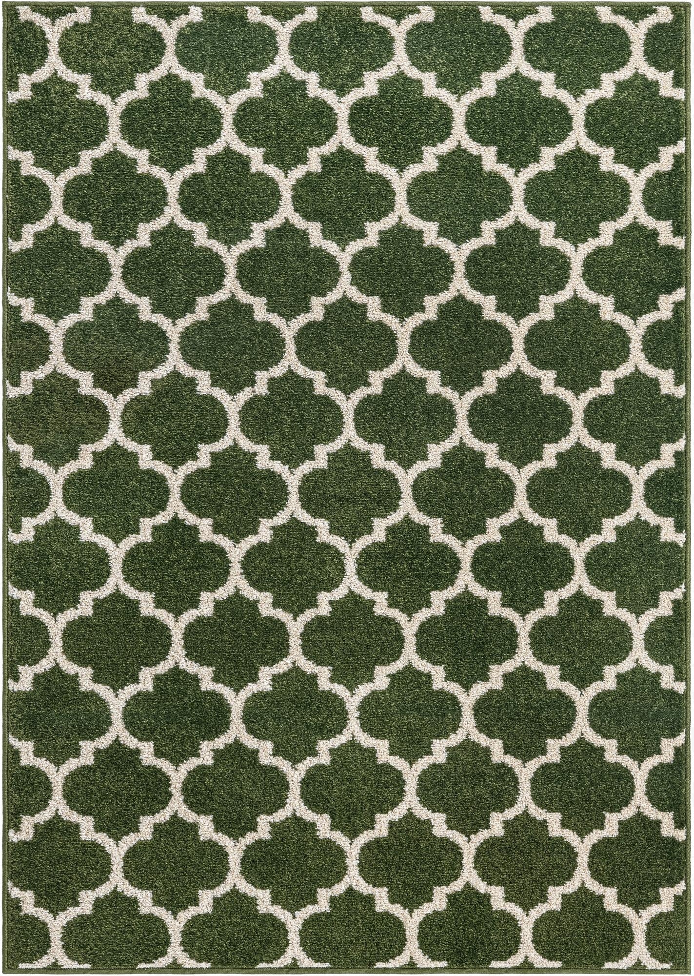 A rectangular 8x11 green area rug with a repeating white modern trellis pattern, suitable for a living room.