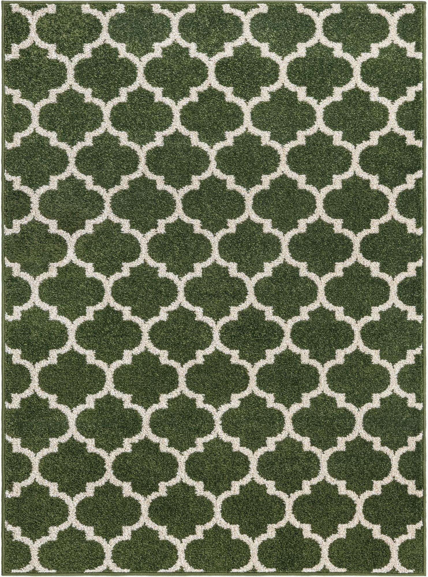 A 9x12 rectangular green area rug featuring a white modern trellis pattern, suitable for a living room.