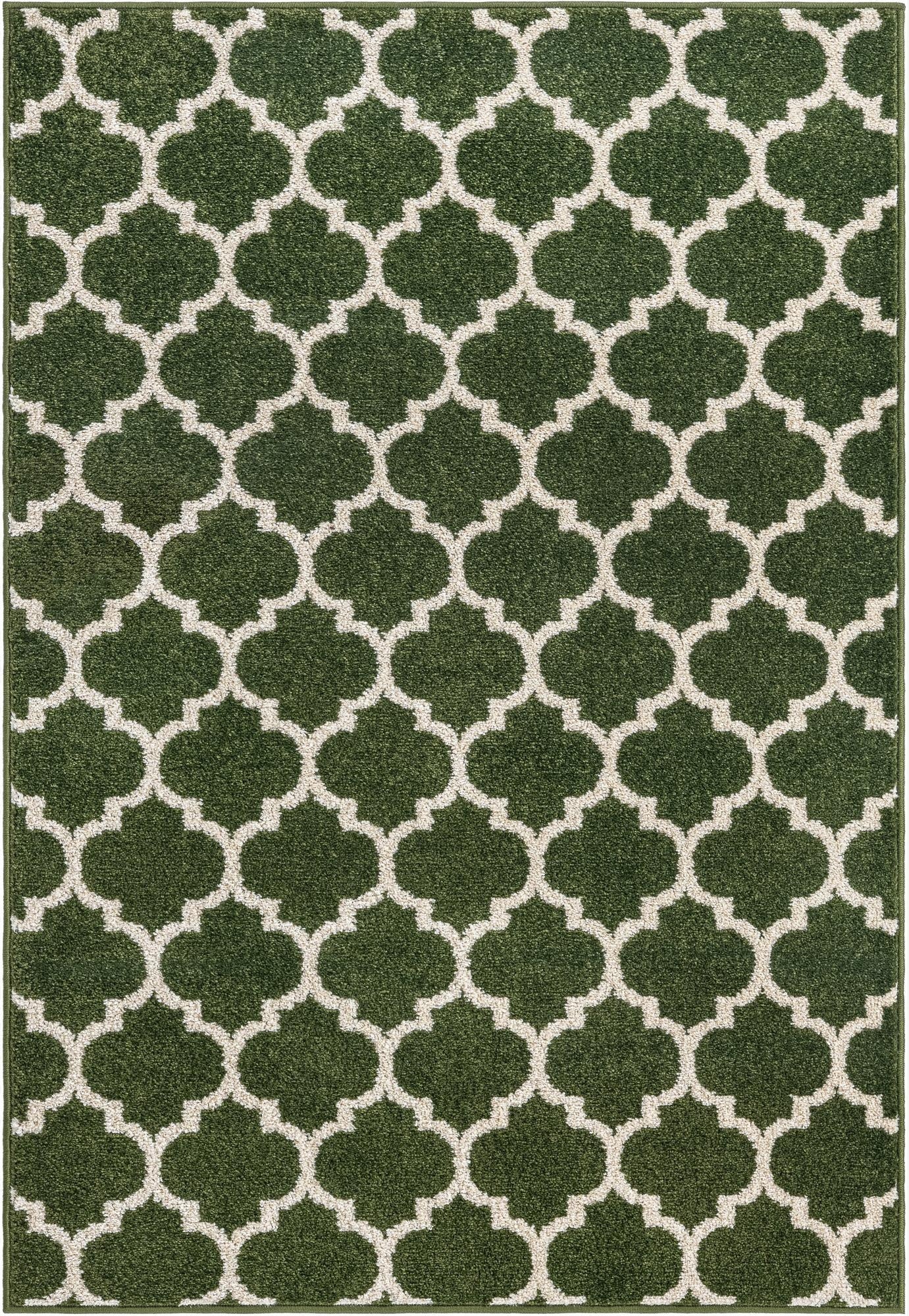 A 7x10 rectangular green area rug featuring a repeating white modern trellis pattern, suitable for a living room.