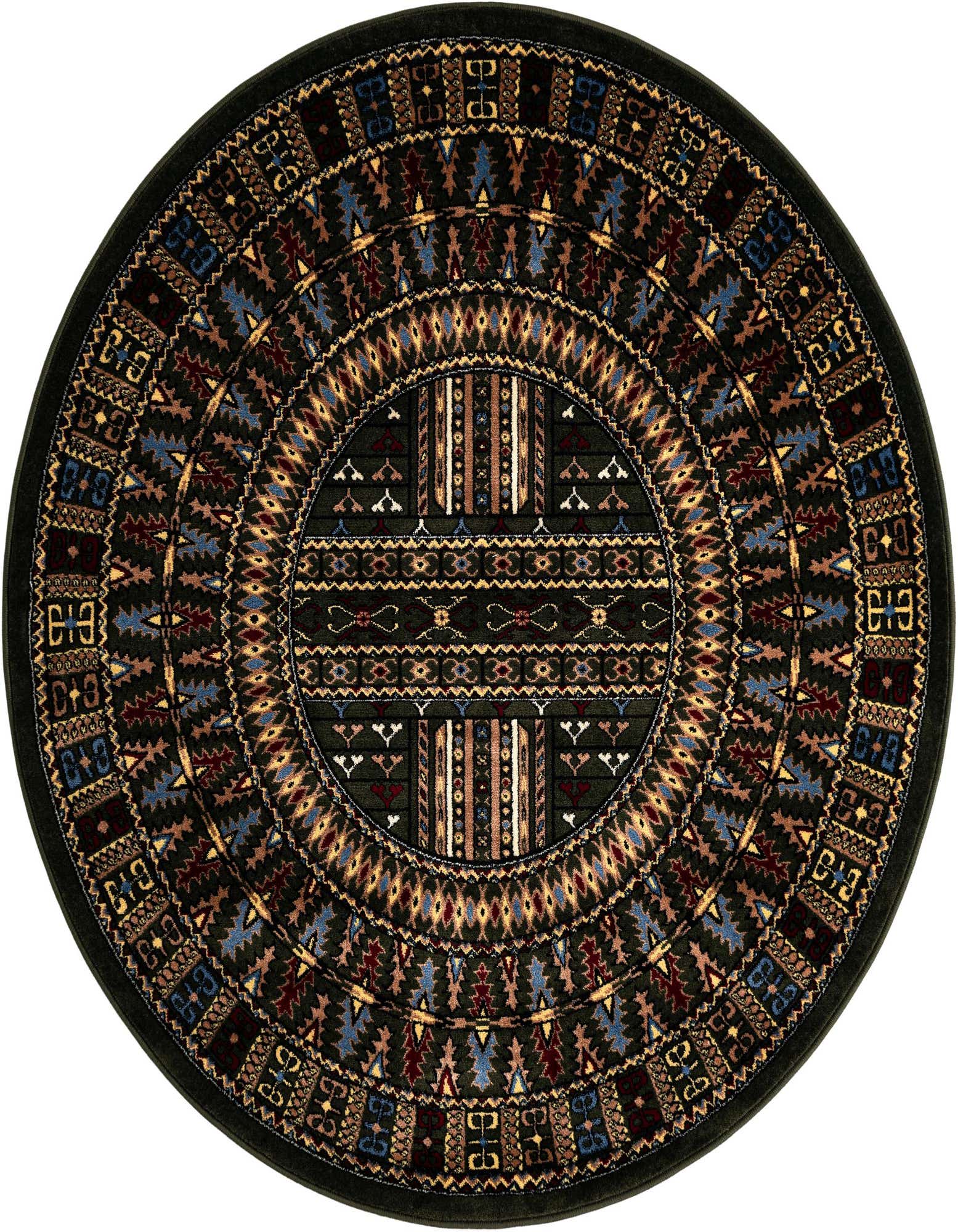 A round green rug with intricate geometric patterns in blue, red, and gold, suitable for a patio.