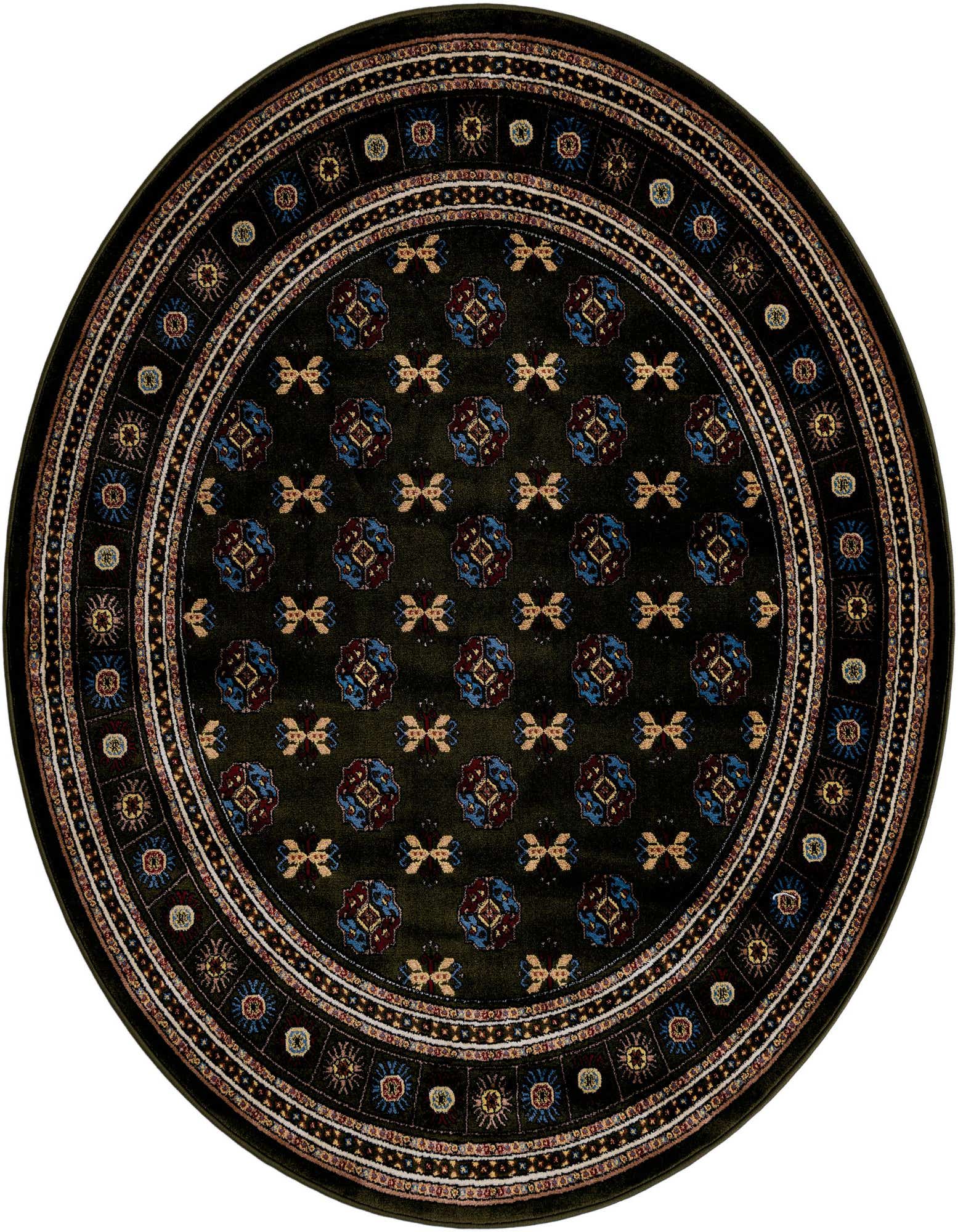 A round green Bokhara rug with intricate traditional patterns in blue, red, and gold, perfect for a patio.