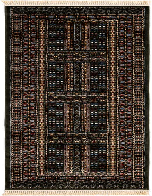 A 10 ft runner rug in shades of green with intricate traditional patterns in red, blue, and gold, featuring white fringe.