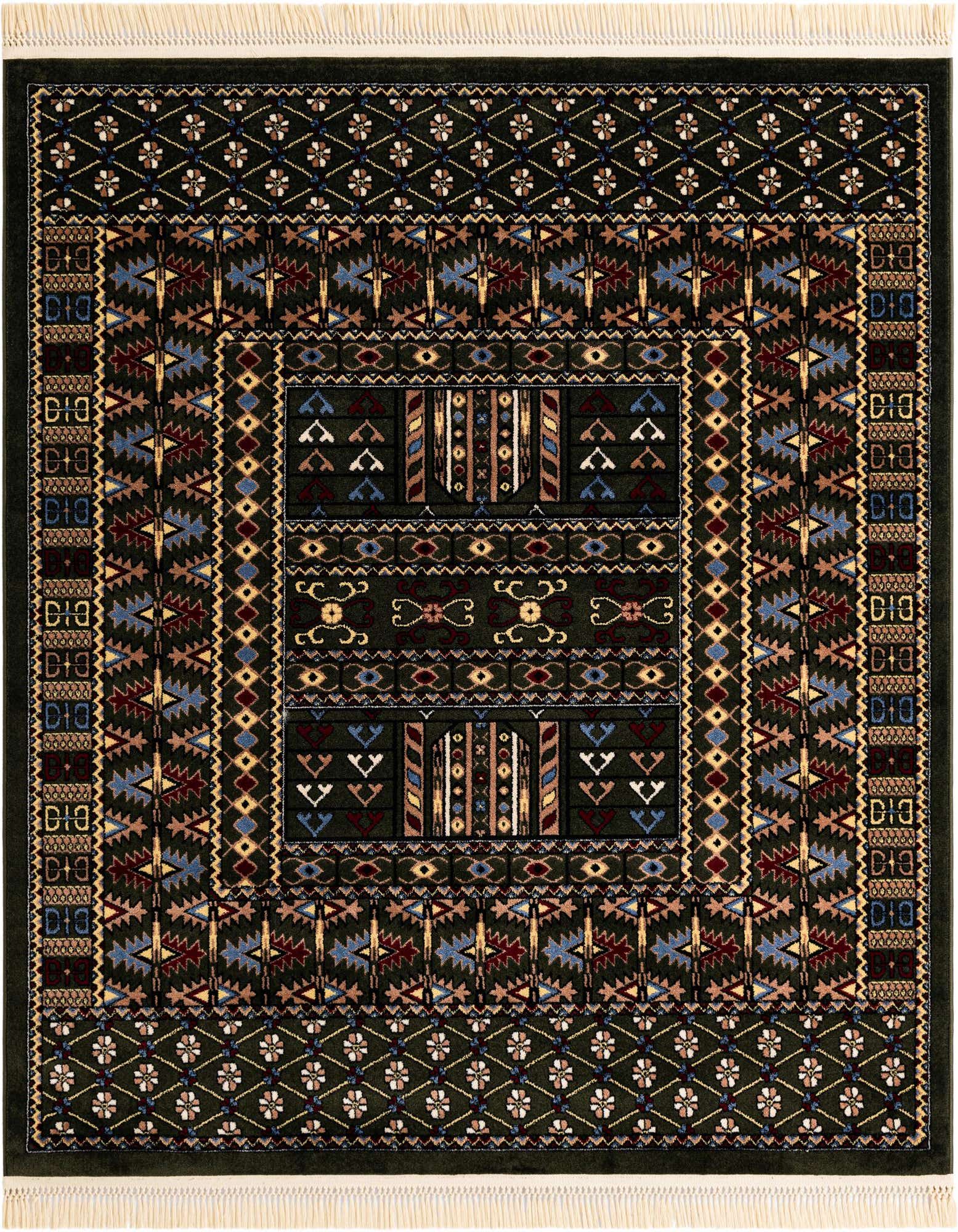 A square 6'x6' green rug with a detailed tribal pattern in blue, red, gold, and cream, featuring a central medallion and multiple borders.