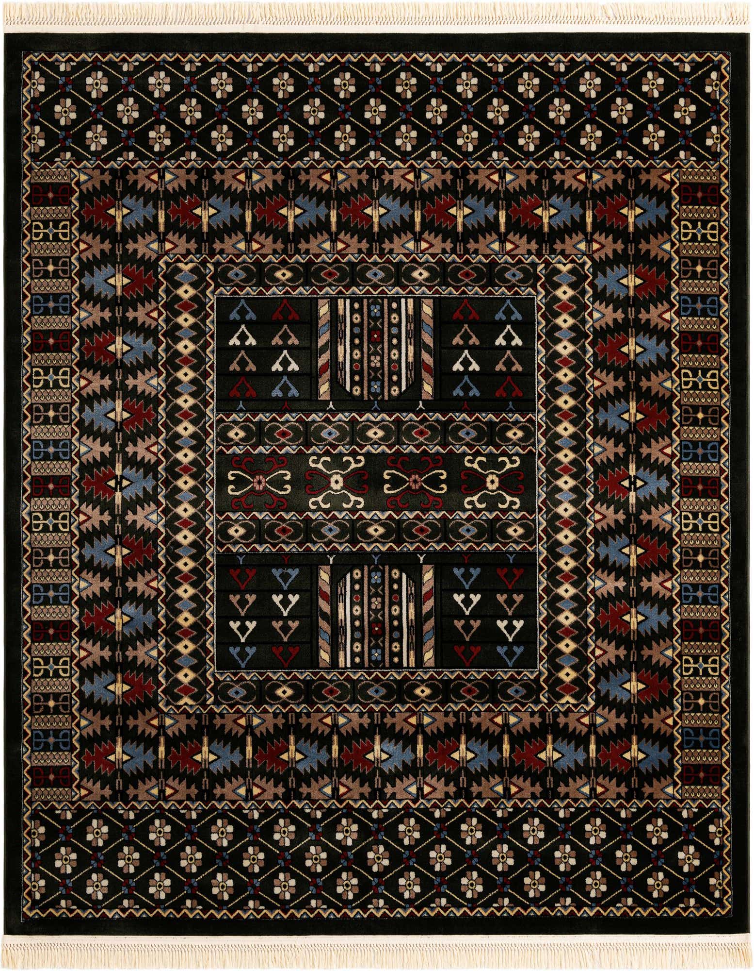 A square 7' 10 x 7' 10 Bokhara rug with a dark green base and intricate traditional patterns in red, blue, and tan.