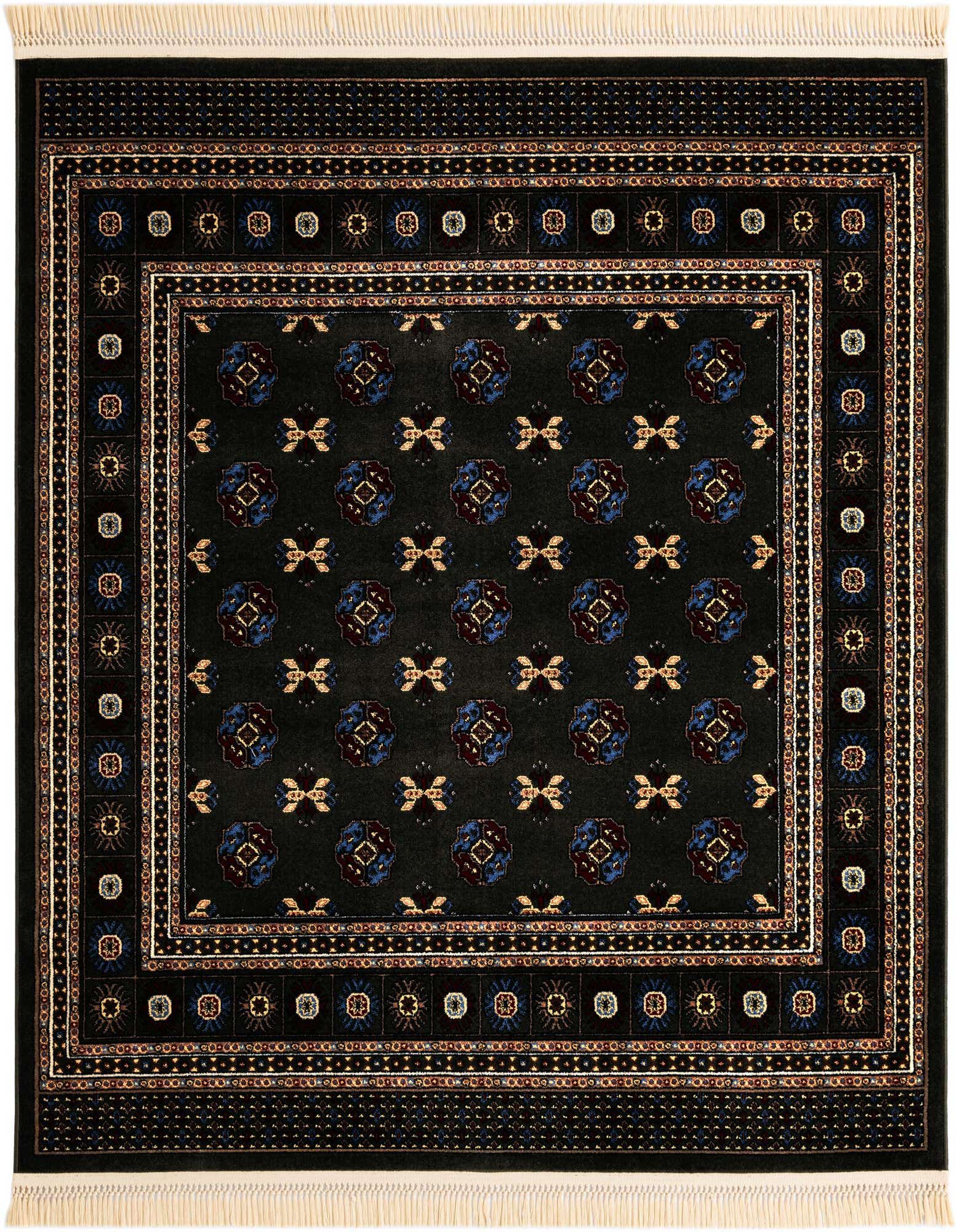 A 6' 0 x 6' 0 square green Bokhara rug with intricate blue, red, and gold traditional patterns and a fringed edge.