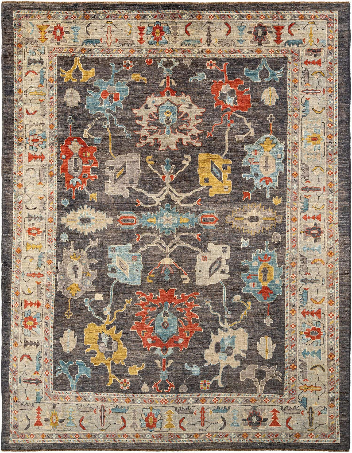 A rectangular dark grey Oushak rug with a medium pile, featuring a vibrant Persian pattern in red, blue, yellow, and beige.