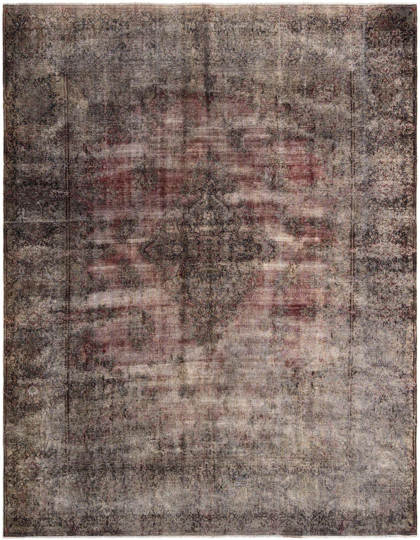 A 10x14 rectangular dark grey Persian wool rug with a distressed, faded red and black traditional pattern.