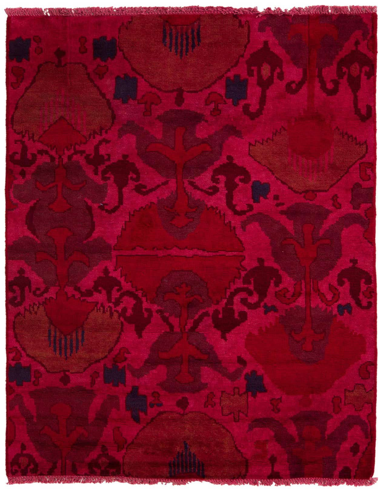 A 4x6 rectangular Darya rug with a high pile, featuring a modern abstract pattern in various shades of pink and hints of deep blue.