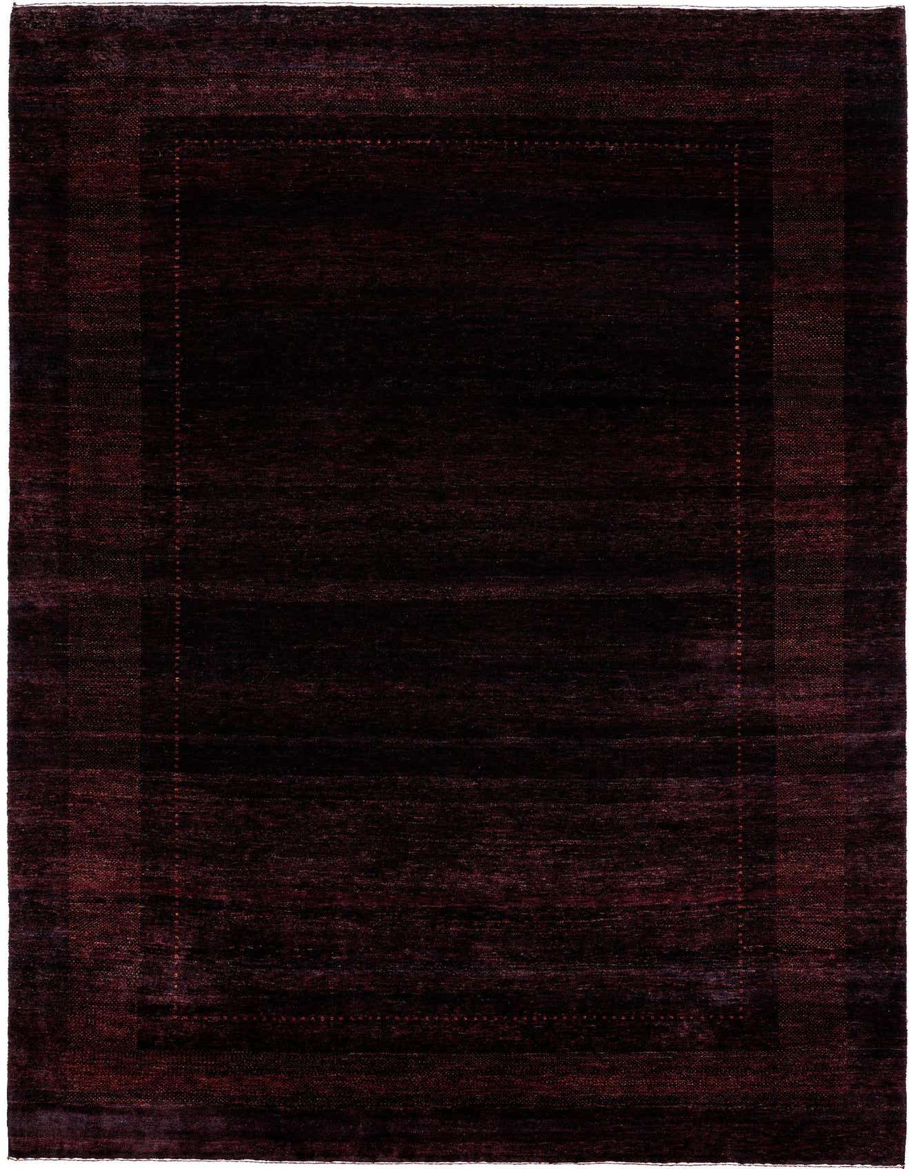 A 6x9 rectangular Gabbeh rug in deep purple, featuring a subtle modern border design, perfect for a living room.