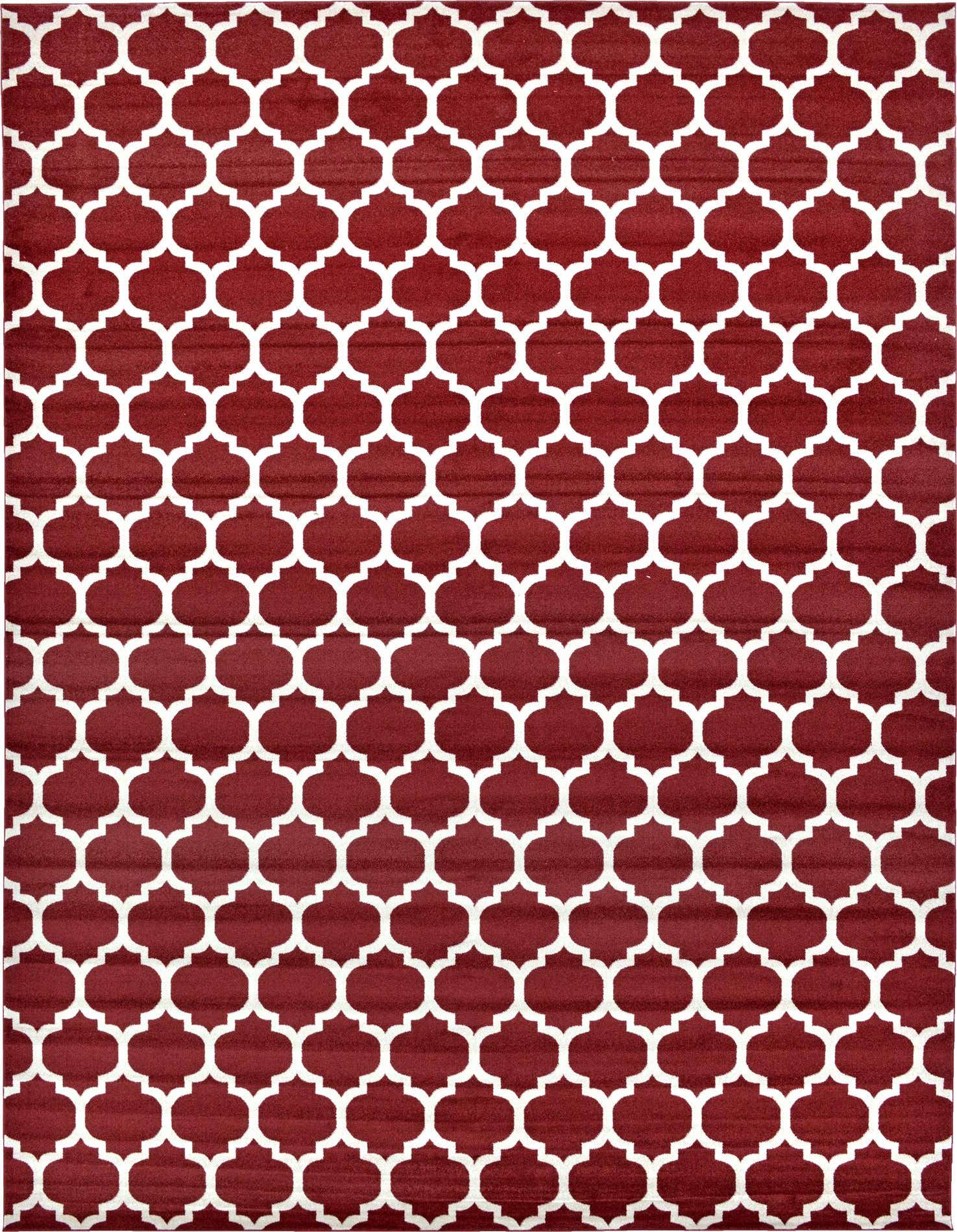 A large 13x18 rectangular orange and red modern trellis rug, perfect for a living room or dining room.