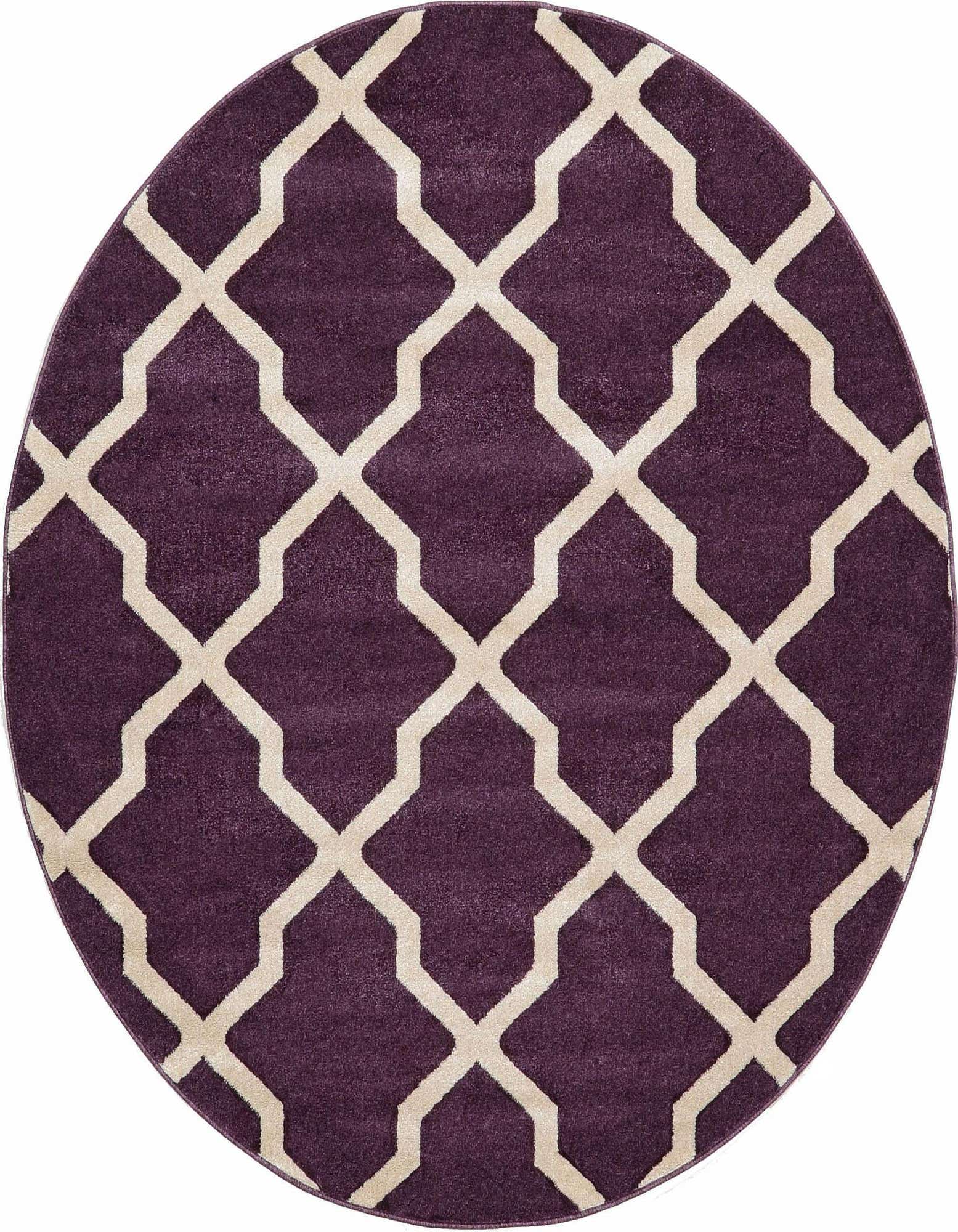 A 6' round purple rug with a cream-colored geometric lattice pattern, suitable for a living room or bedroom.