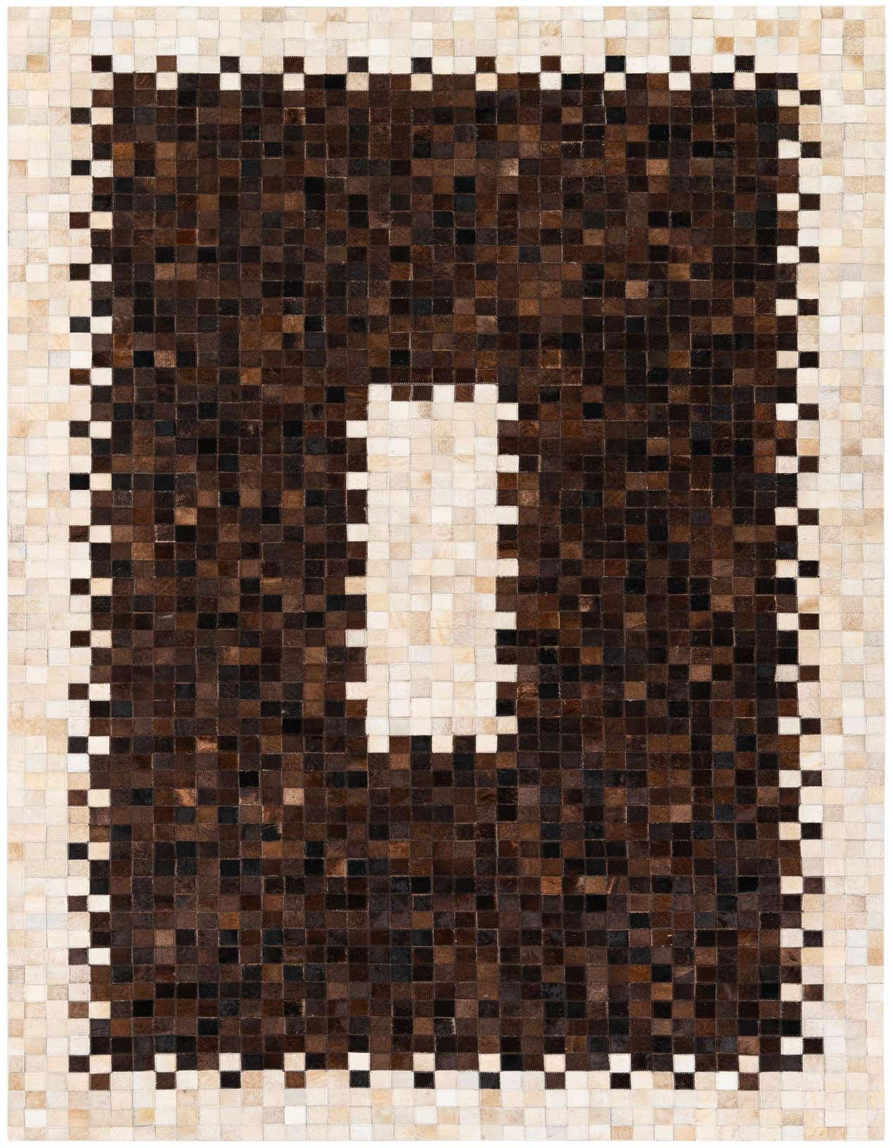 A rectangular 5x8 dark brown cowhide rug with a modern checkerboard pattern and a light beige border, suitable for a living room.