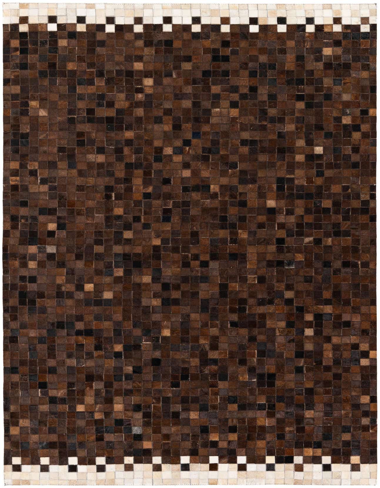 A 5x8 rectangular dark brown modern cowhide rug with a mosaic pattern and a checkered light border.