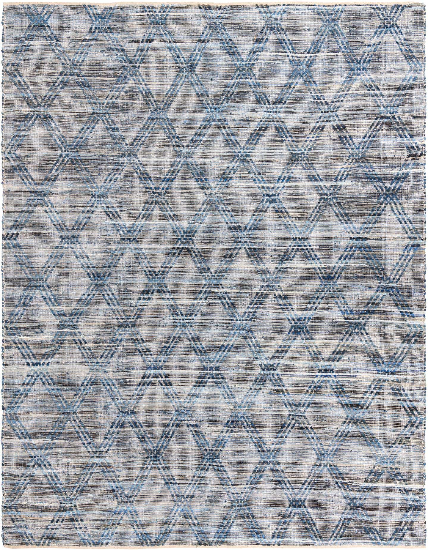 A 10x14 rectangular denim blue Chindi Cotton rug featuring a subtle geometric diamond pattern, ideal for an indoor living space.