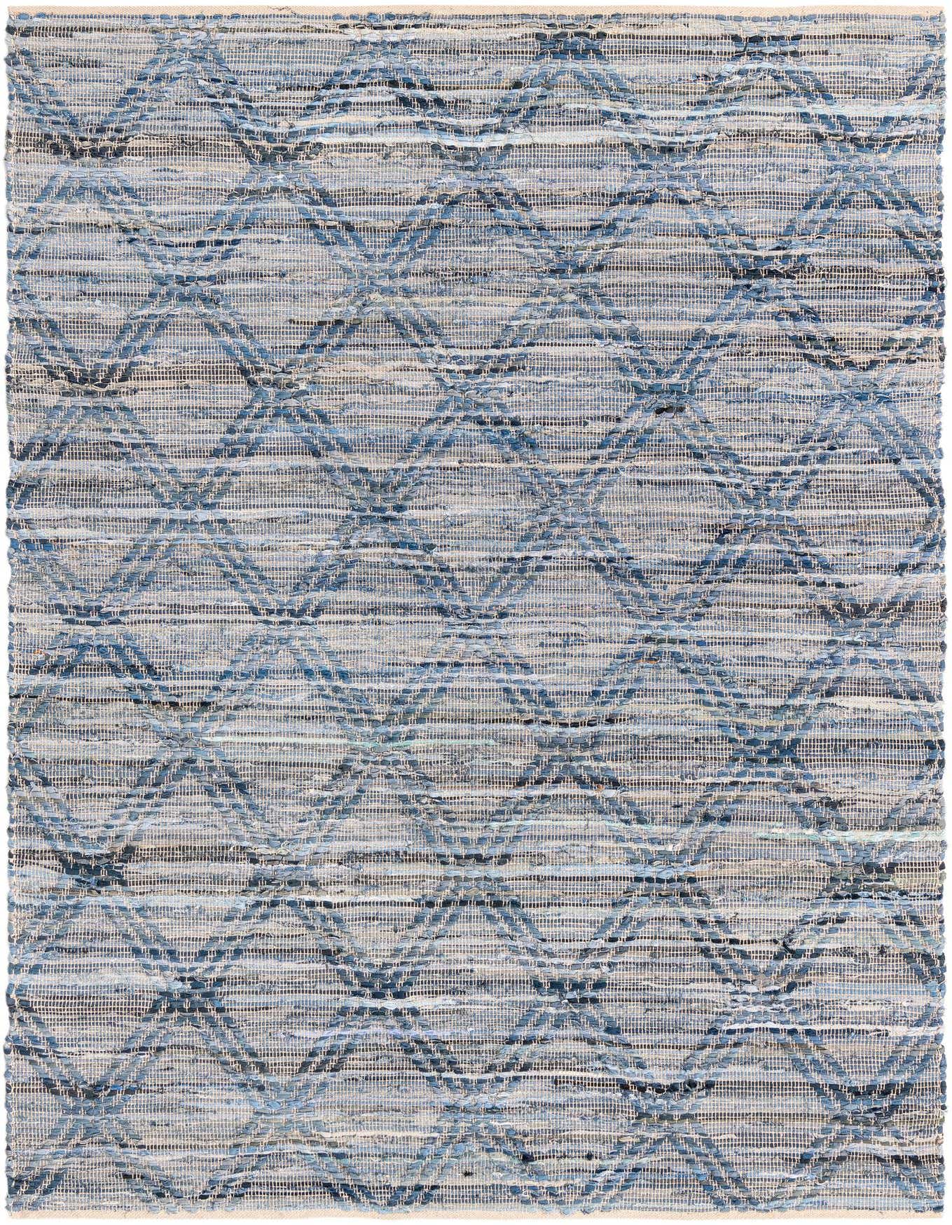 A 6x9 rectangular denim blue cotton flatweave rug with a subtle geometric pattern, perfect for a living room or office.