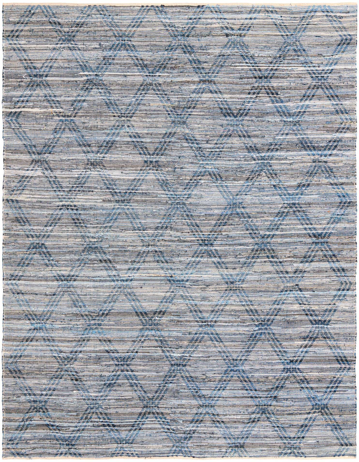 A 9x12 rectangular denim blue flatweave cotton rug with a subtle diamond pattern, suitable for a living room.