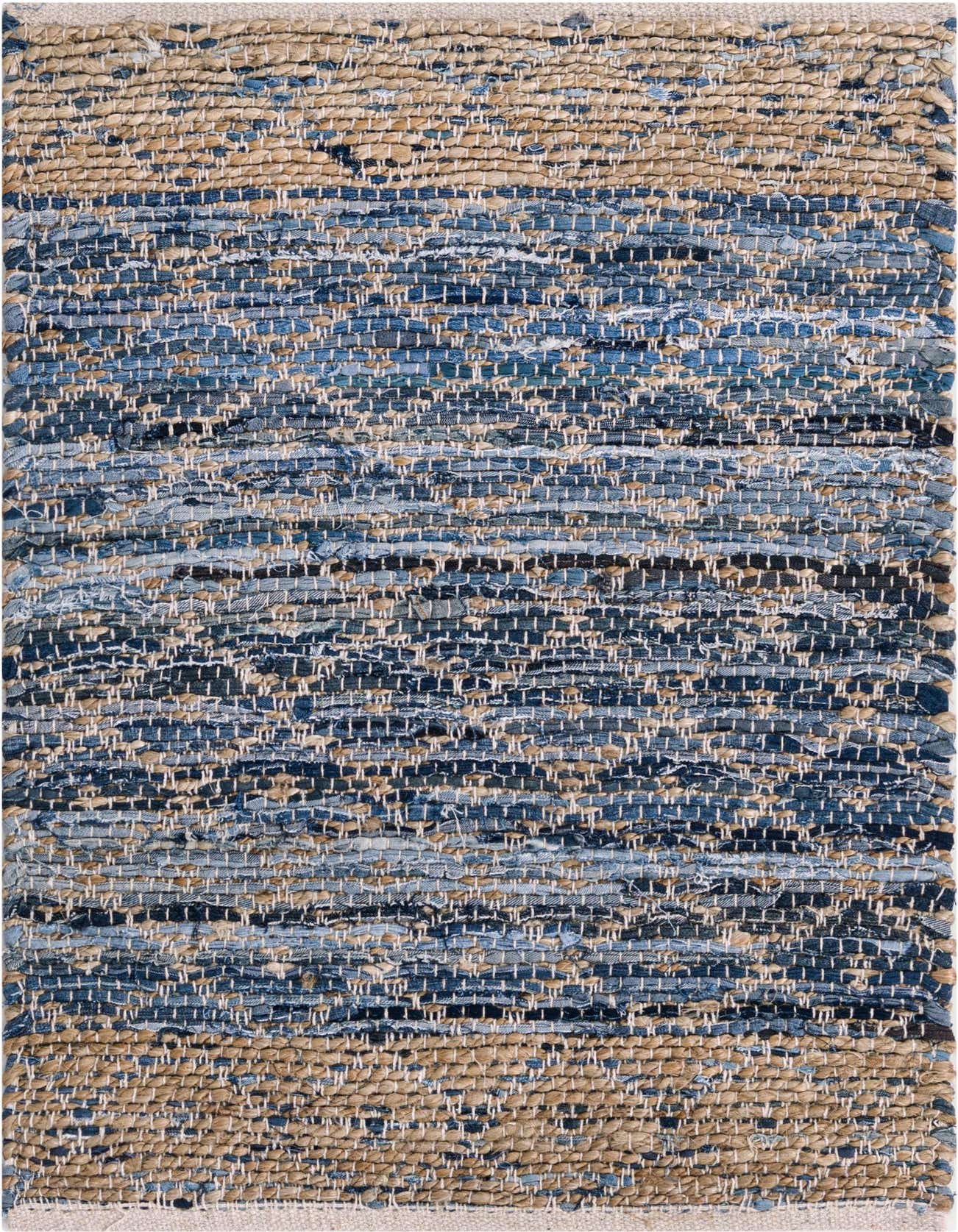 A 2x3 rectangular Chindi Trellis rug featuring horizontal stripes of varied denim blue and natural jute, ideal for an entryway or kitchen.