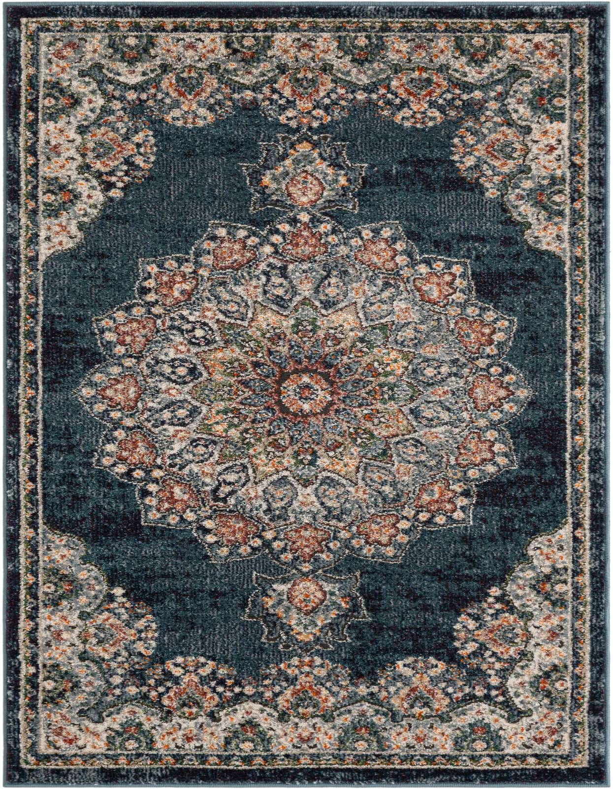 A rectangular 3x5 denim blue area rug with a distressed traditional medallion pattern in cream, rust, and green.