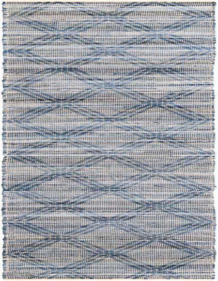 A 12 ft denim blue runner rug with a flatweave texture and a subtle diamond pattern, perfect for a hallway.