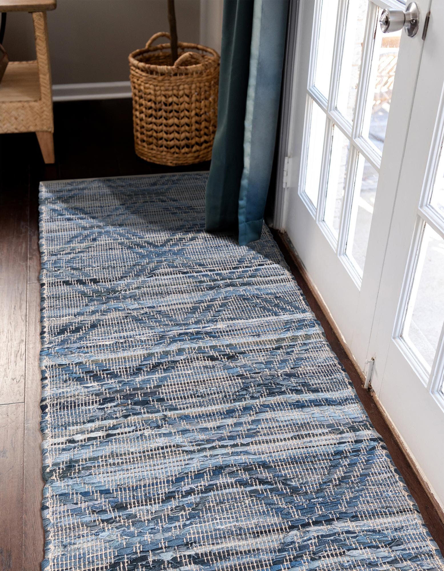 Denim blue 2' 7 x 8' Hand Woven Chindi Cotton Runner Rug | Rugs.com