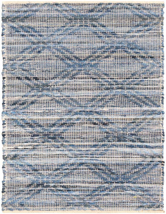 A 6 ft denim blue cotton runner rug with a flat weave and subtle chevron pattern, ideal for a hallway.