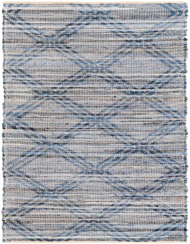 A denim blue 8 ft runner rug with a woven diamond pattern, ideal for a hallway or kitchen.