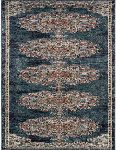 A long denim blue runner rug with an ornate traditional medallion pattern in orange, cream, and green, ideal for a hallway.