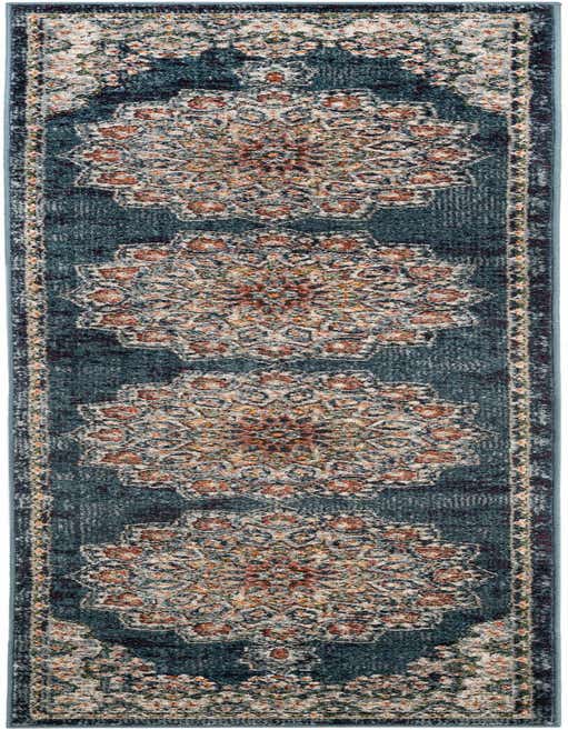 A long 8 ft runner rug in distressed denim blue with a repeating medallion pattern in cream, rust, and gold, ideal for a hallway.