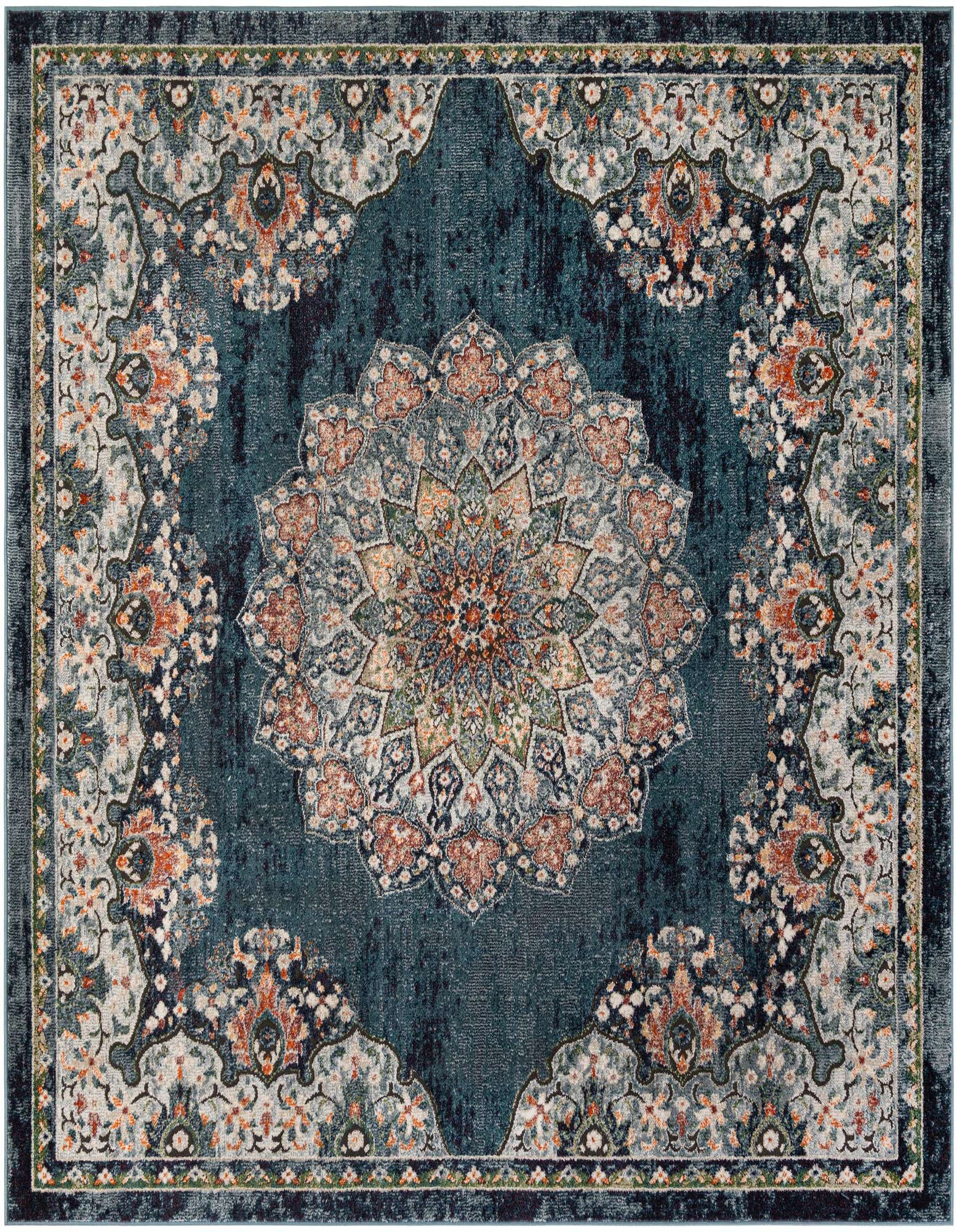 A square 8'x8' Isabella collection rug featuring a distressed denim blue background with an intricate central medallion and traditional floral border in muted multi-colors.