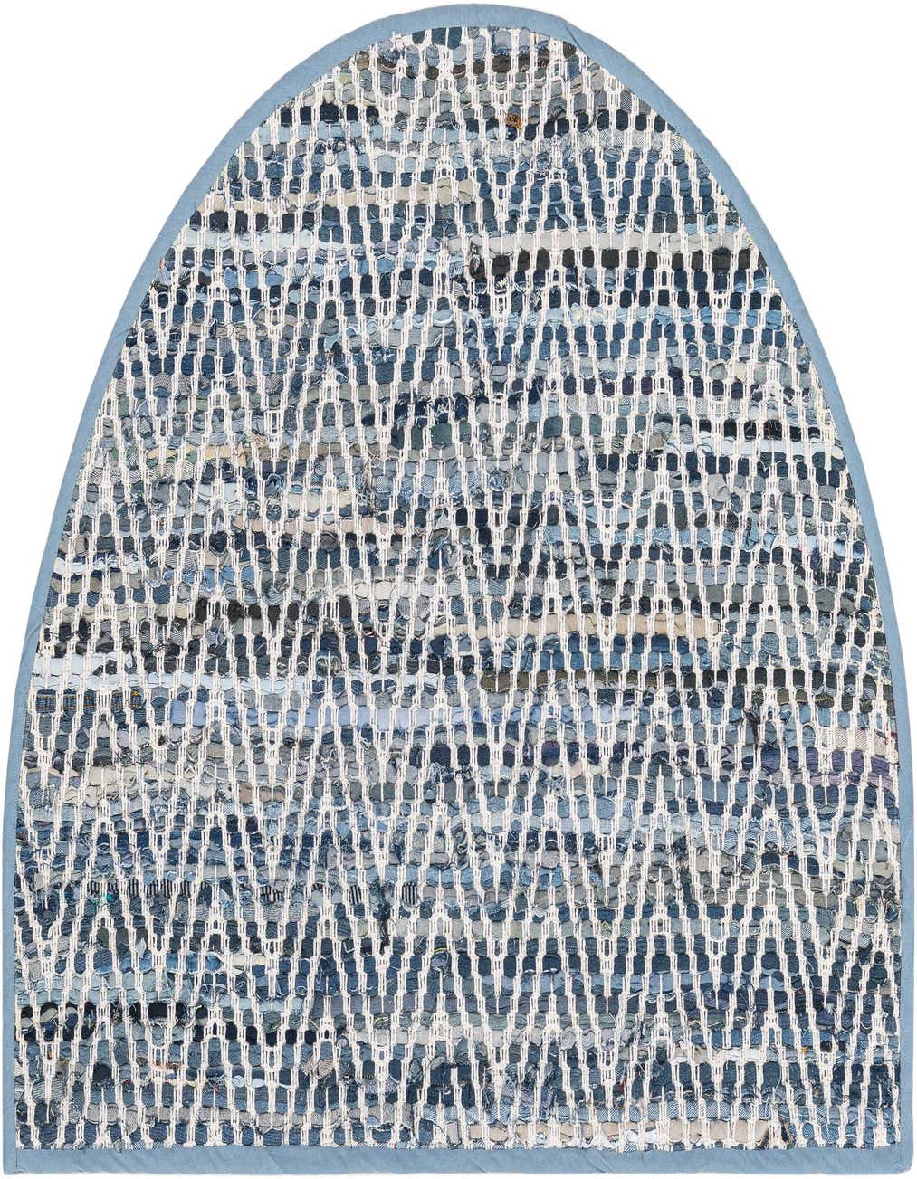 A 2' 2 x 3' 7 hearth rug with a blue and white chevron pattern, made from recycled cotton.