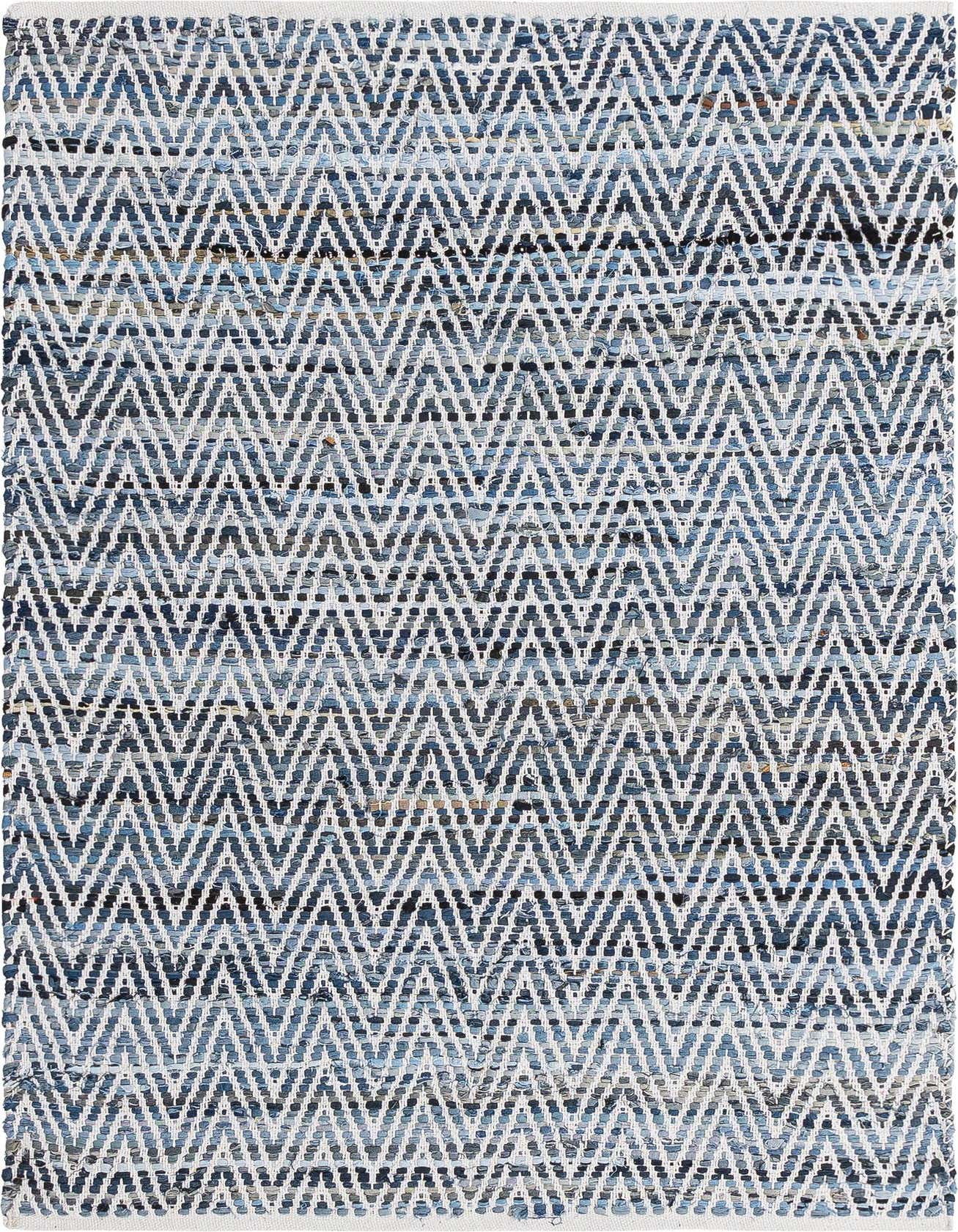 A 4x6 rectangular blue denim cotton rug with a textured chevron pattern, suitable for a living room.