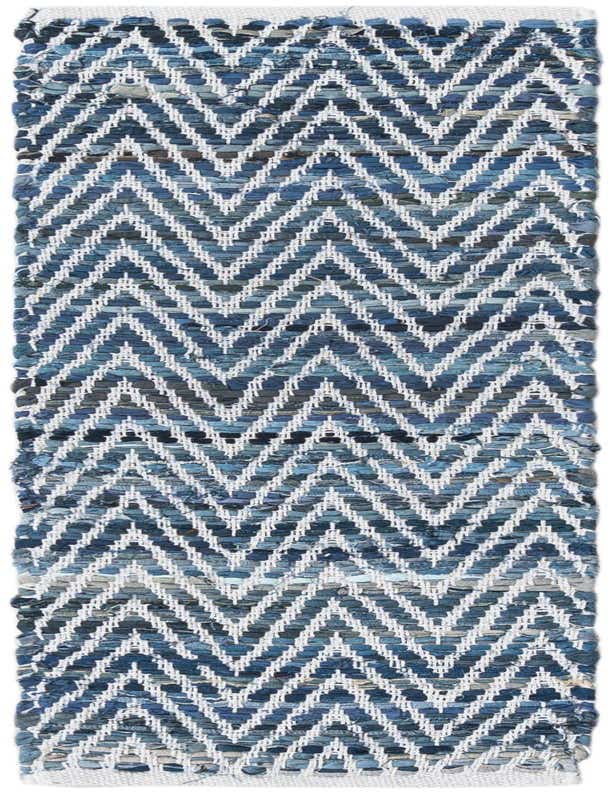 A 1' 2 x 4' 1 blue and white cotton runner rug with a chevron pattern, ideal for a table.