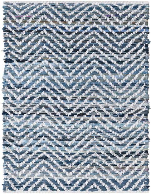 A 1' 2 x 5' 1 Chindi Chevron runner rug featuring a blue and white zig-zag pattern, made from recycled cotton.