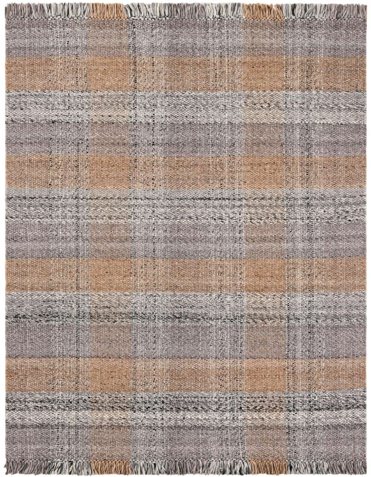 A 5x8 rectangular Eco Plaid rug featuring a modern brown, tan, and gray striped pattern with a textured flatweave.